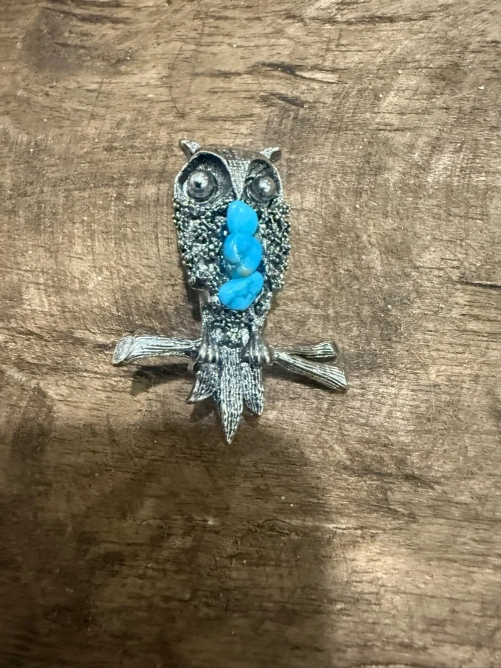 Vintage Silver Tone Owl Brooch with Turquoise Accents
